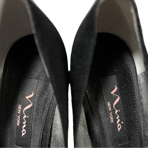 Nina Black Satin Peep Toe Pumps Size 7 M Ladies High Heeled Shoes Ruffle Accent - Picture 7 of 11